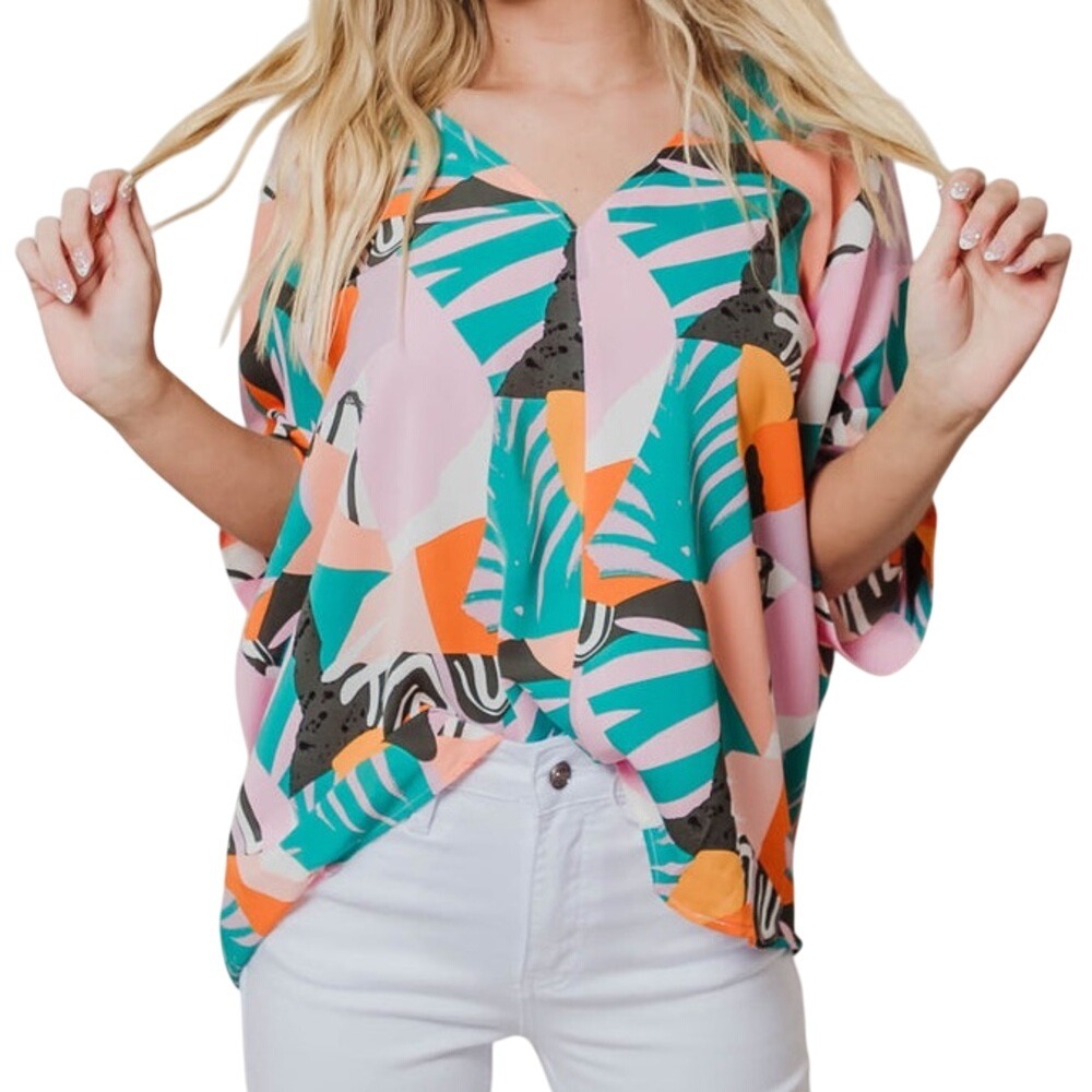 JODIFL Pink and Orange Graphic Oversized Blouse Large Tropical Toucan Bird